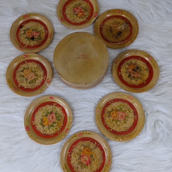 Vtg Occupied Japan Paper Mache Floral Coaster Set - Picture 3 of 5